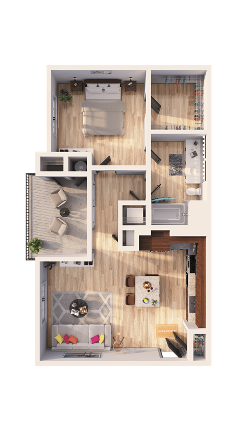 Floor plan for 1 bed, 1 bath, 641 sqft